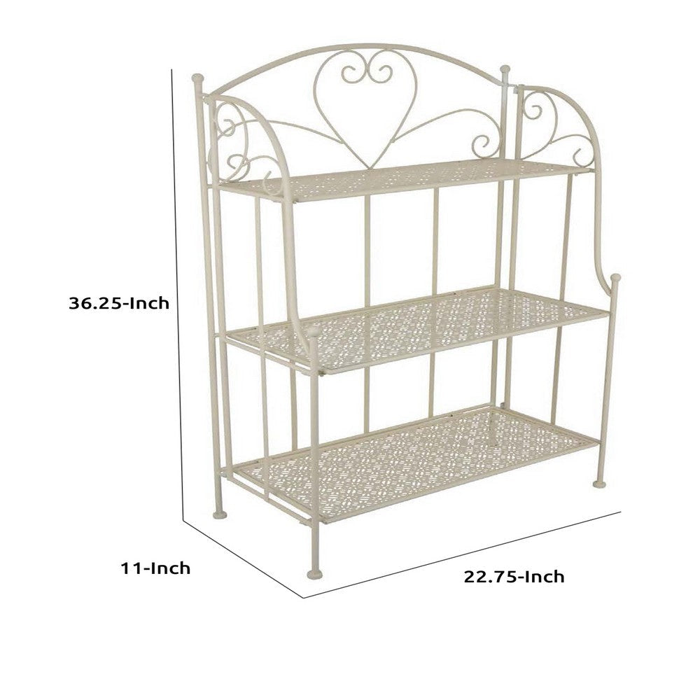 Modern Plant Stand with 3 Tier Shelves | Scrolled Floral White Metal BM335553