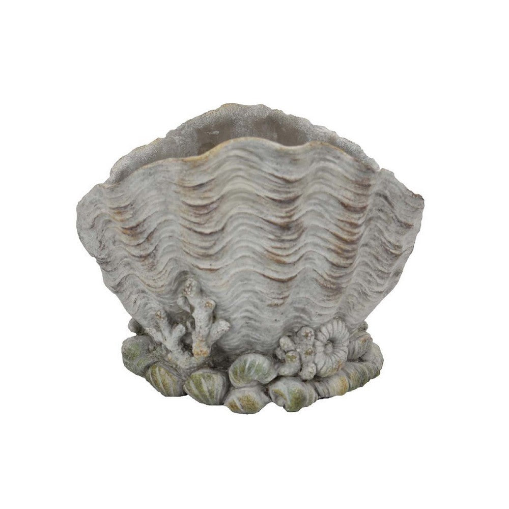 Coastal Clam Shell Planter w Coral Accents | Weathered Gray Terracotta BM335556