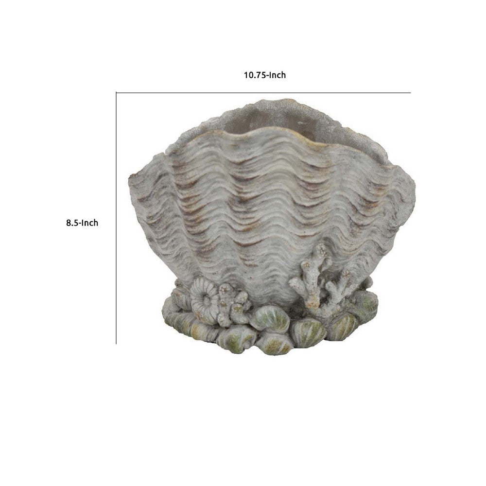 Coastal Clam Shell Planter w Coral Accents | Weathered Gray Terracotta BM335556