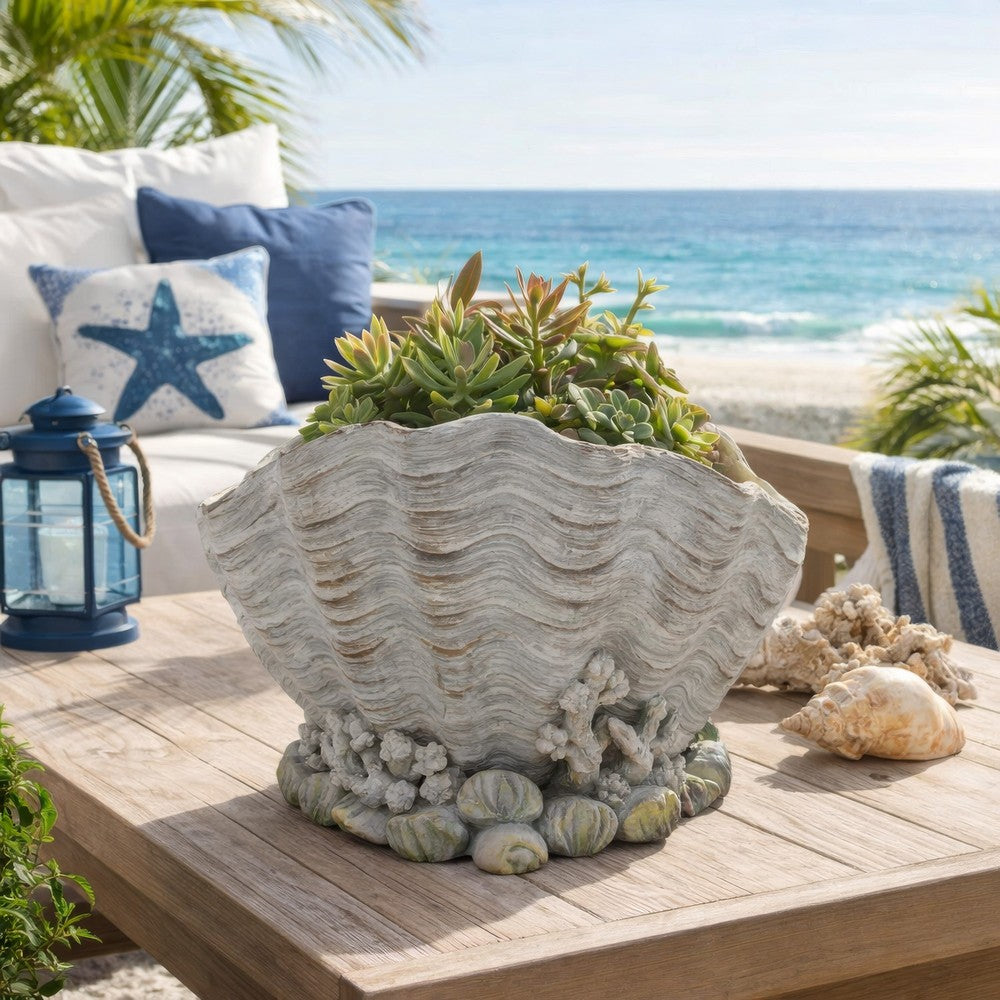 Coastal Clam Shell Planter w Coral Accents | Weathered Gray Terracotta