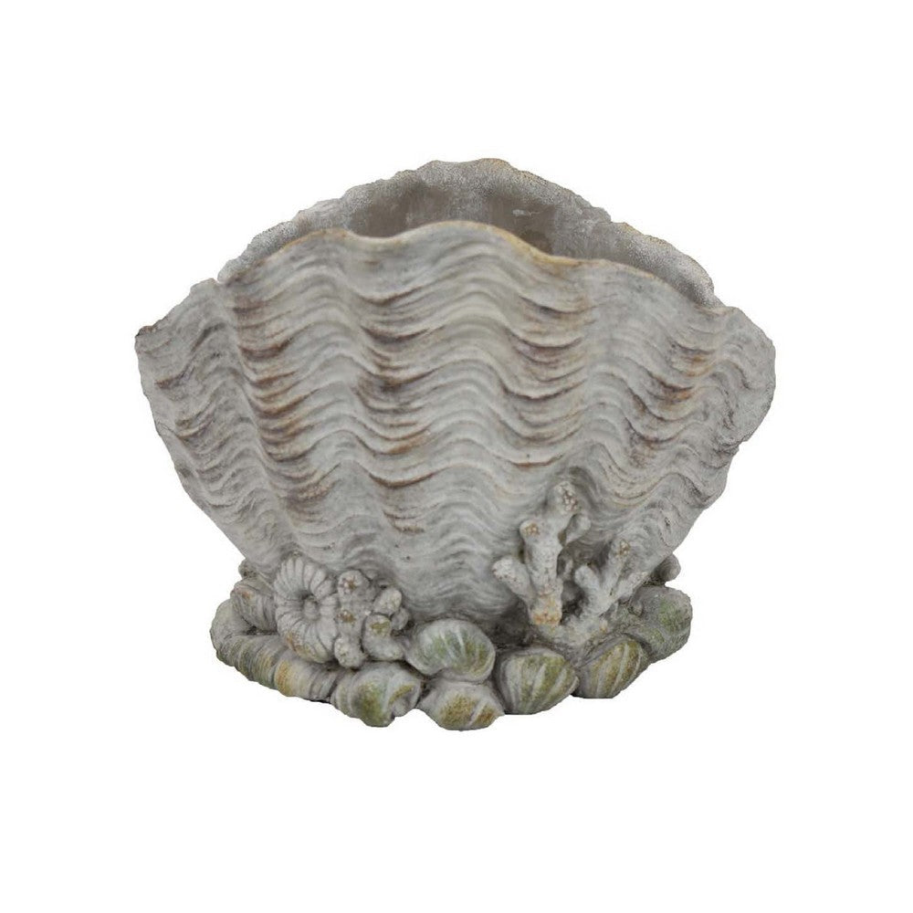Coastal Clam Shell Planter w Coral Accents | Weathered Gray Terracotta