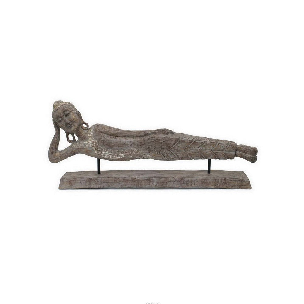 Reclining Buddha Sculpture on Stand | Rustic Gray Resin Finish | 23’’ BM335563