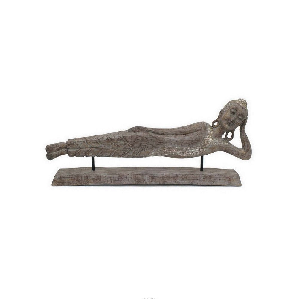 Reclining Buddha Sculpture on Stand | Rustic Gray Resin Finish | 23"