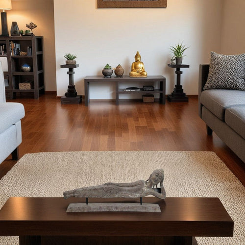 Reclining Buddha Sculpture on Stand | Rustic Gray Resin Finish | 23"