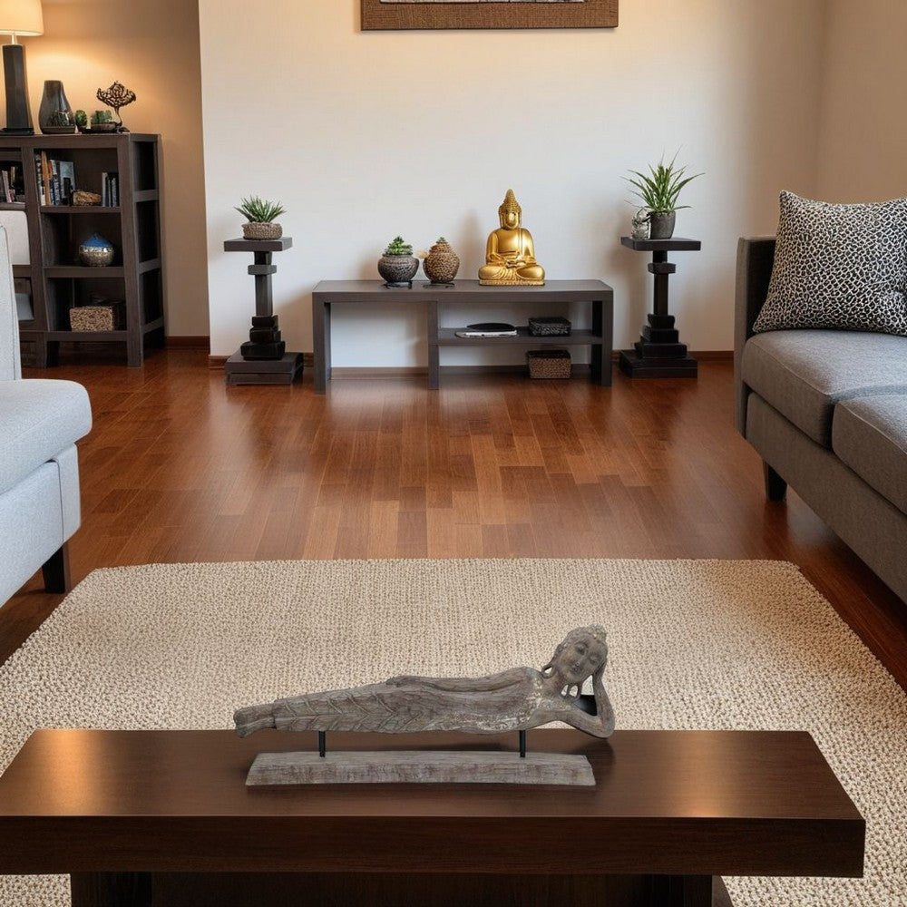 Reclining Buddha Sculpture on Stand | Rustic Gray Resin Finish | 23"