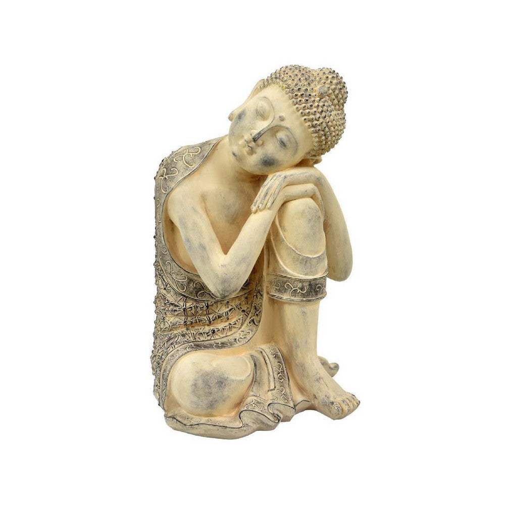 Decorative Resting Buddha Figurine | Antique Beige Resin | 14’’ BM335566