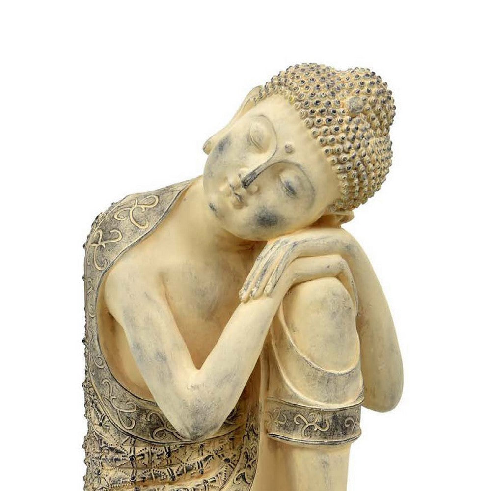 Decorative Resting Buddha Figurine | Antique Beige Resin | 14’’ BM335566