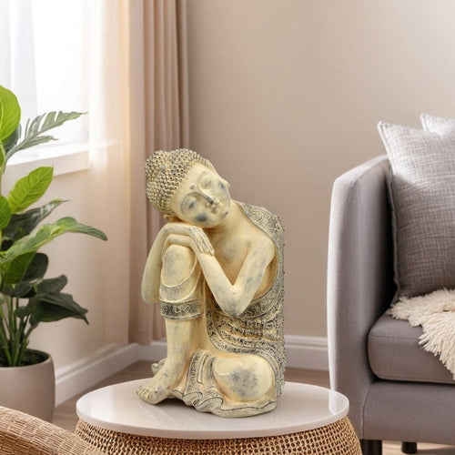 Decorative Resting Buddha Figurine | Antique Beige Resin | 14"