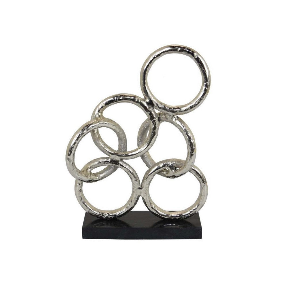 Abstract Interlinked Ring Sculpture w Black Base | 15’’ Silver Metal BM335577