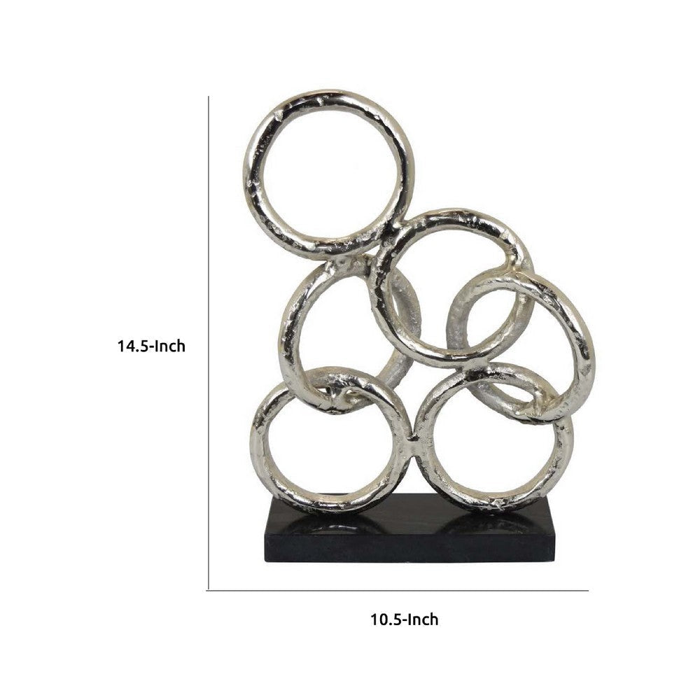 Abstract Interlinked Ring Sculpture w Black Base | 15’’ Silver Metal BM335577
