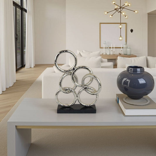 Abstract Interlinked Ring Sculpture w Black Base | 15" Silver Metal