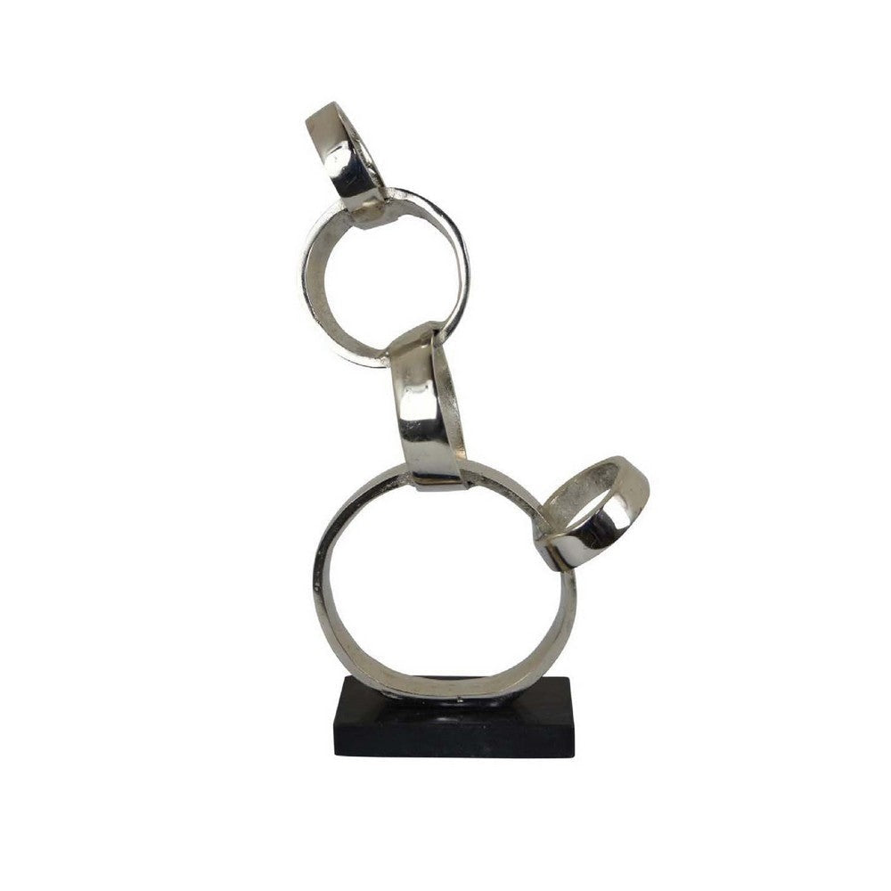 Lo Abstract Interlinked Ring Sculpture | Solid Black Base Silver Metal