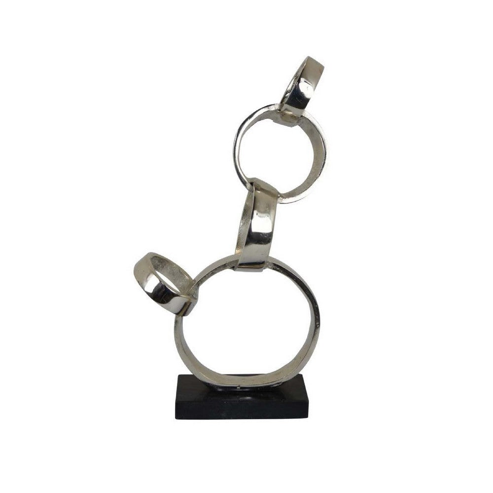 Lo Abstract Interlinked Ring Sculpture | Solid Black Base Silver Metal