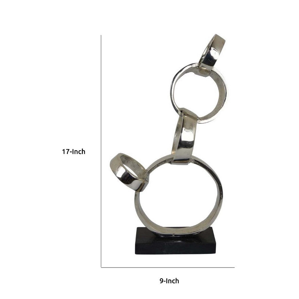 Lo Abstract Interlinked Ring Sculpture | Solid Black Base Silver Metal