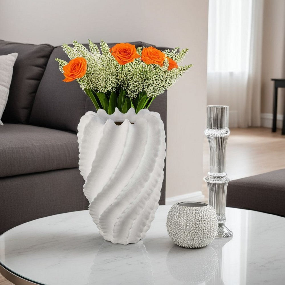 Velz Decorative Flower Vase | 18" Wavy Shape | Matte White Ceramic