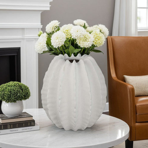 Velz Decorative Flower Vase | 12" Round Shape | Matte White Ceramic