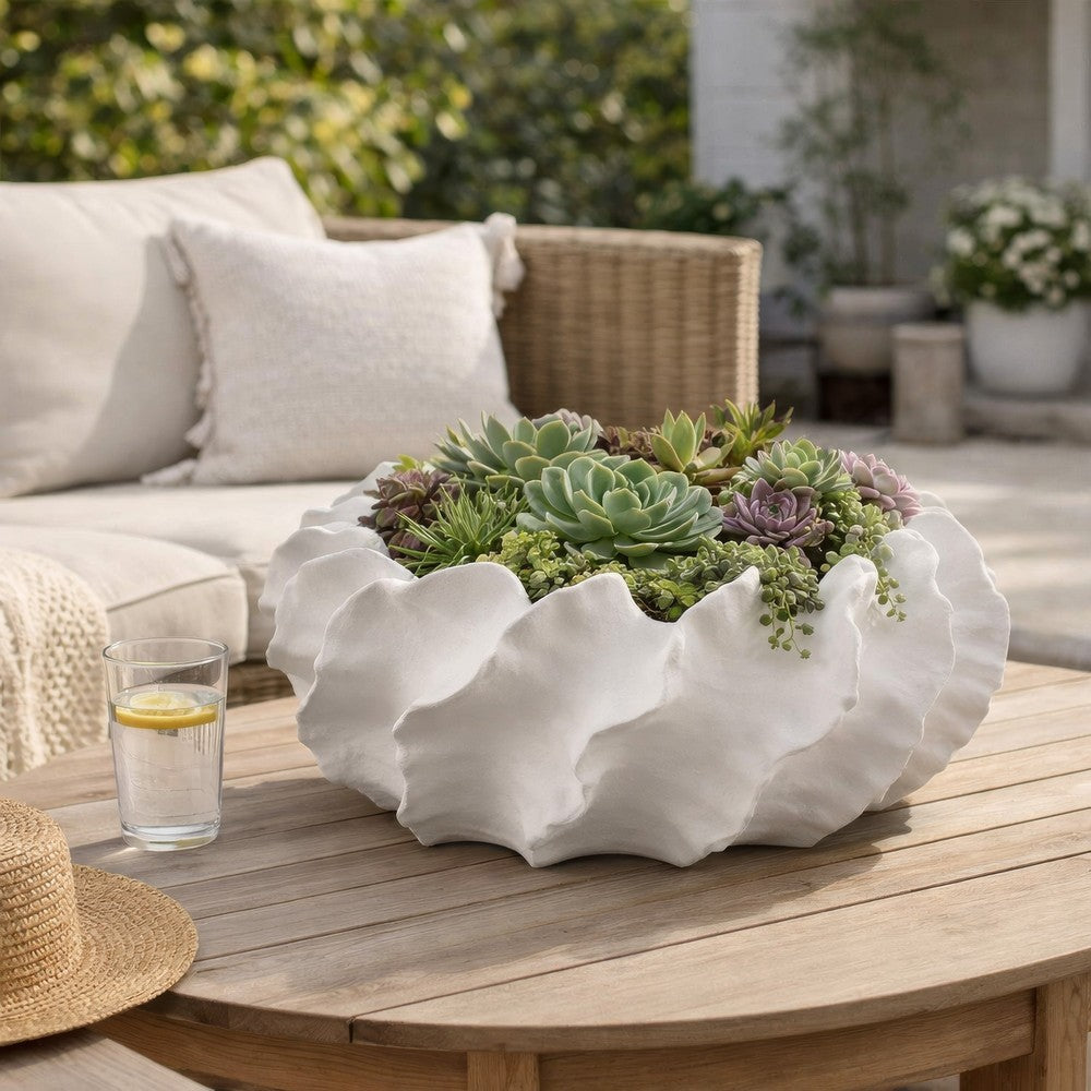 Velz Decorative Planter | 16" Wavy Edge | Matte White Ceramic