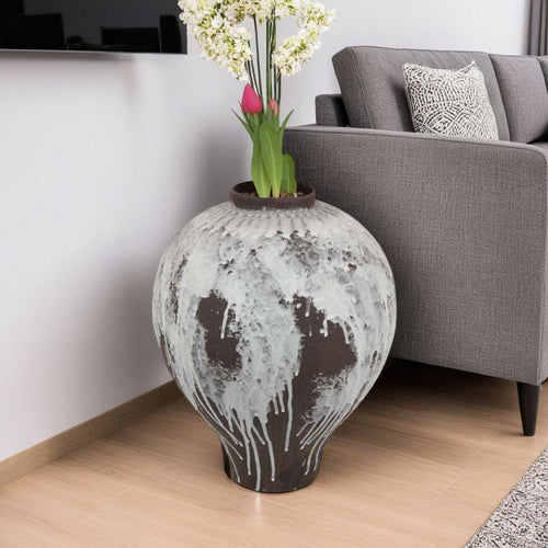 Gezy Decorative Flower Vase | 15" Bulb Shape | Brown White Ceramic