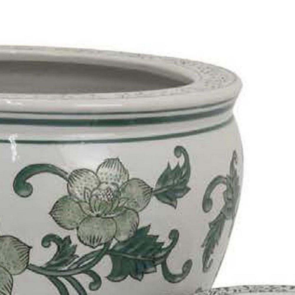 Hely 3 Planter Set | Green White Floral Glazed Ceramic 16 | 12 | 8’’ BM335633