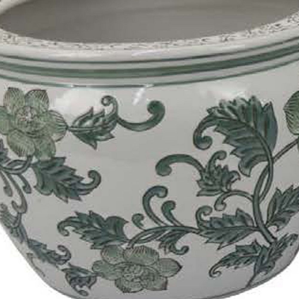Hely 3 Planter Set | Green White Floral Glazed Ceramic 16 | 12 | 8’’ BM335633