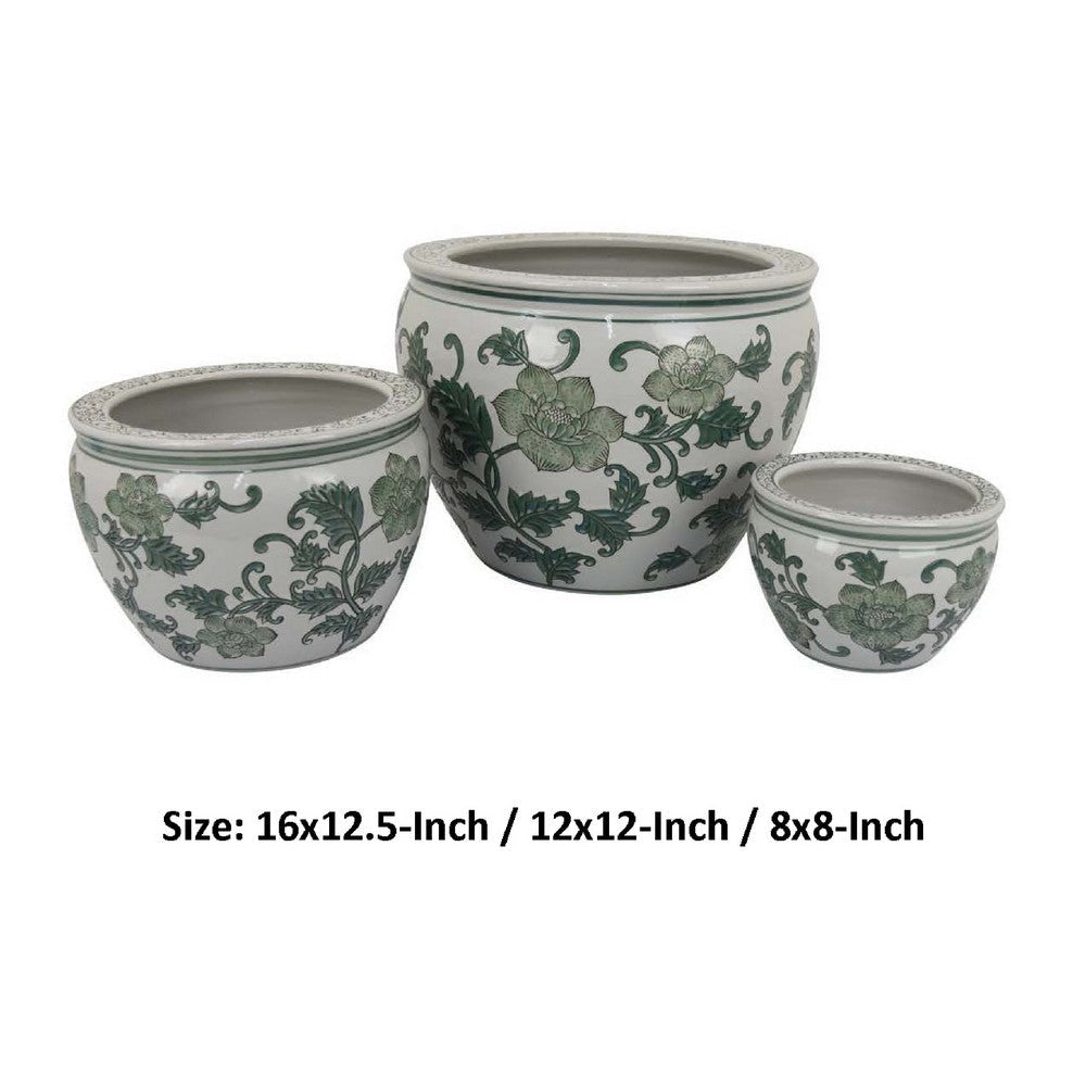 Hely 3 Planter Set | Green White Floral Glazed Ceramic 16 | 12 | 8’’ BM335633