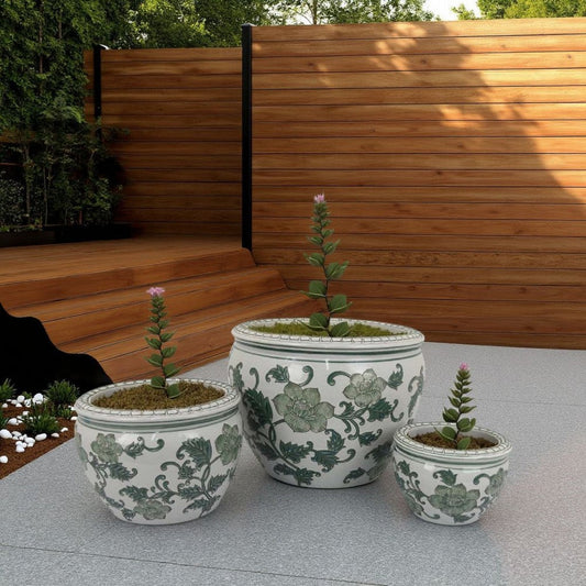 Hely 3 Planter Set | Green White Floral Glazed Ceramic 16 | 12 | 8"