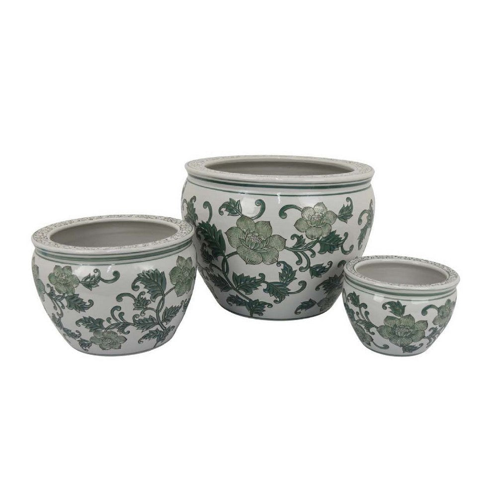 Hely 3 Planter Set | Green White Floral Glazed Ceramic 16 | 12 | 8"