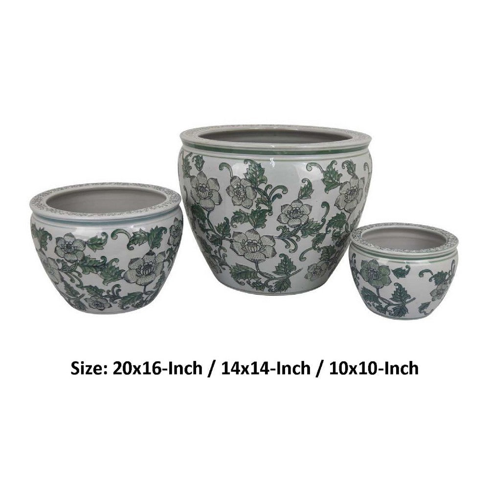 Hely 3 Planter Set | Green Vine Pattern Gray Ceramic 20 | 14 | 10’’ BM335634