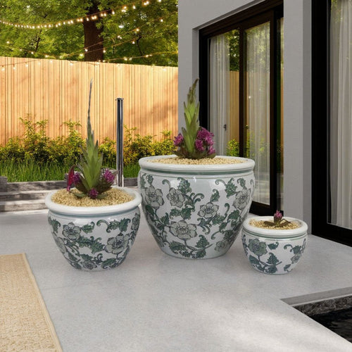 Hely 3 Planter Set | Green Vine Pattern Gray Ceramic 20 | 14 | 10"