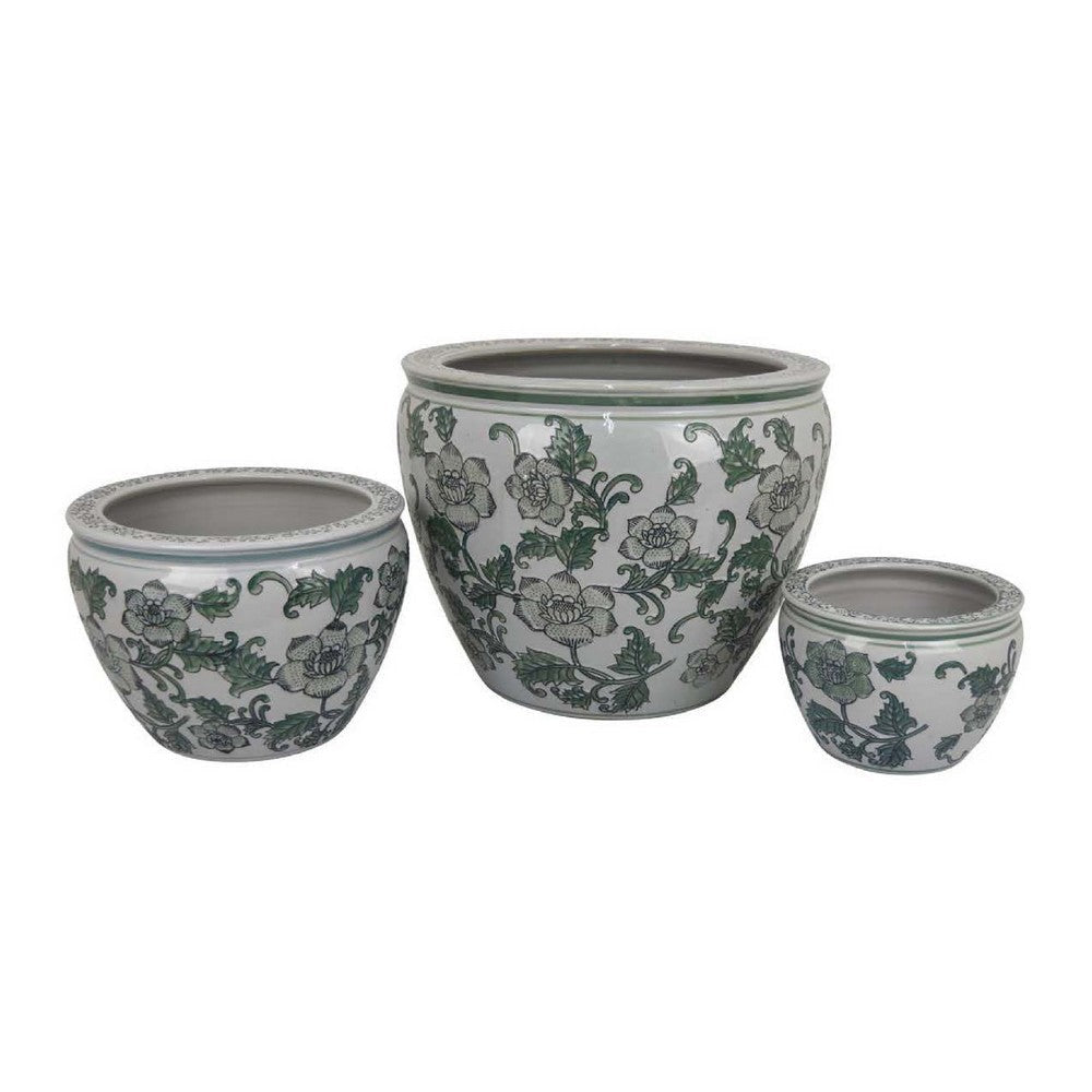 Hely 3 Planter Set | Green Vine Pattern Gray Ceramic 20 | 14 | 10"