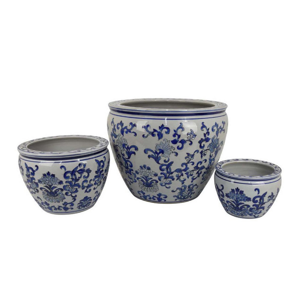 Hely 3 Planter Set | Blue Floral Vine Off White Ceramic 20 | 14 | 10"