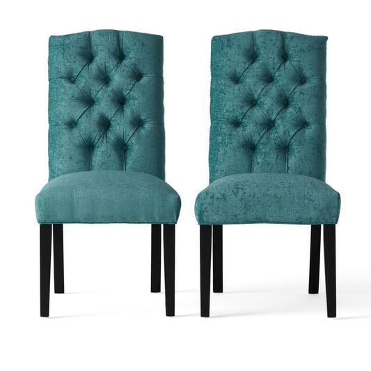 Elona Dining Chair Set of 2 | Green Polyester | Dark Brown Solid Wood