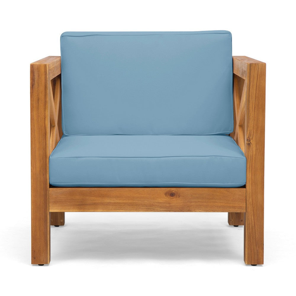 Juna Outdoor Accent Club Chair | Teak Brown Acacia Wood | Blue Fabric