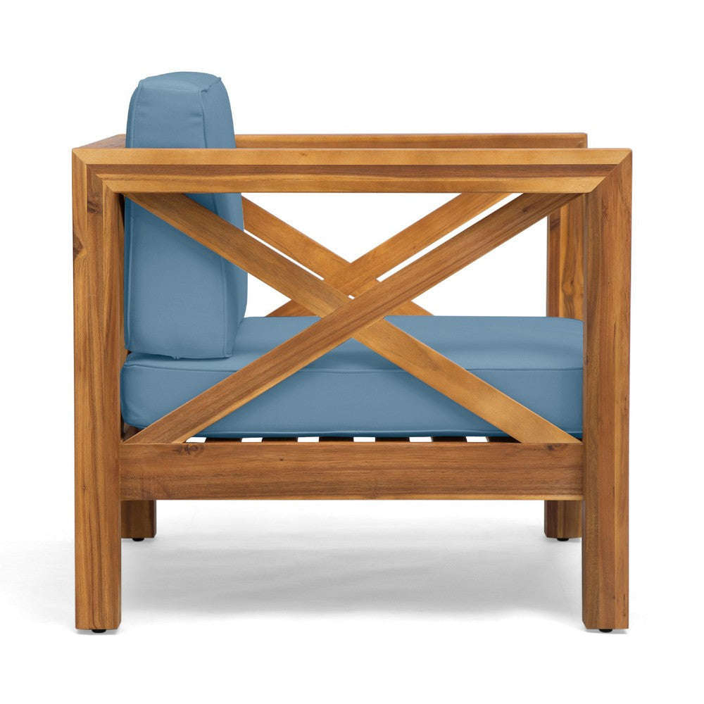 Juna Outdoor Accent Club Chair | Teak Brown Acacia Wood | Blue Fabric