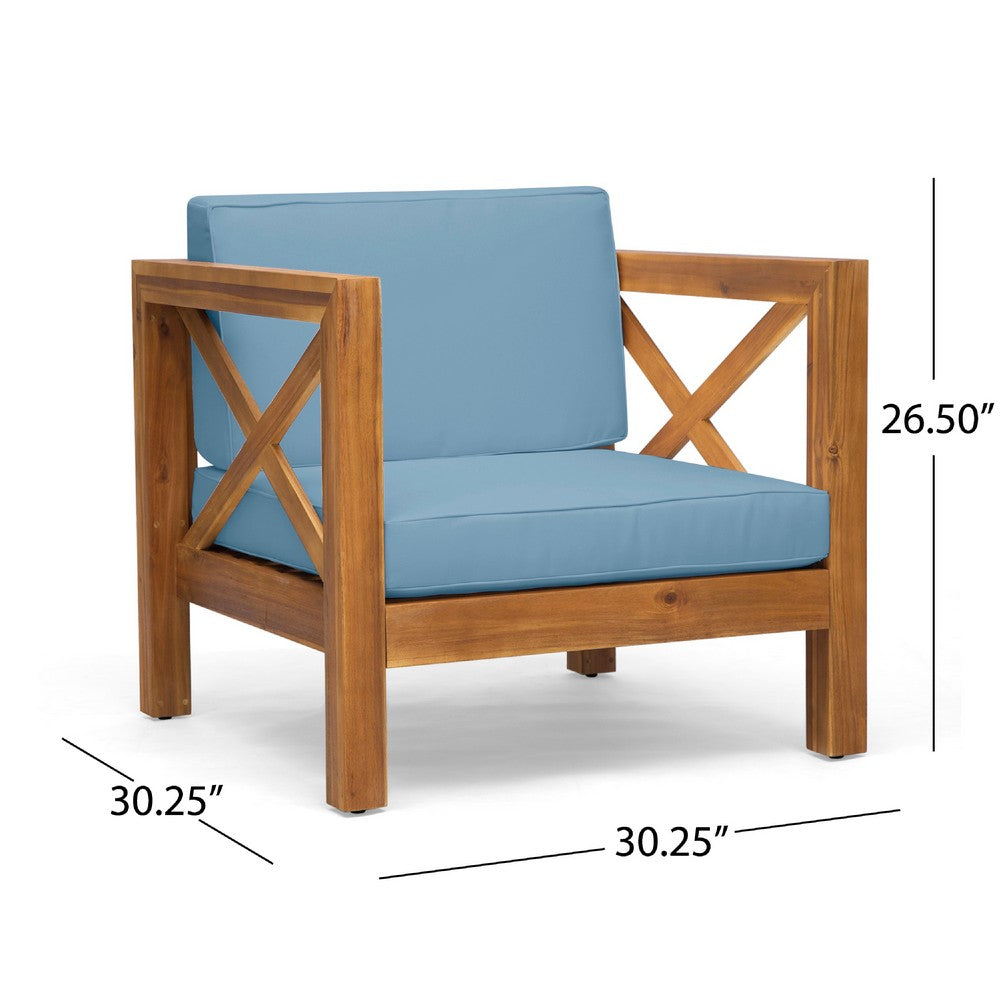 Juna Outdoor Accent Club Chair | Teak Brown Acacia Wood | Blue Fabric