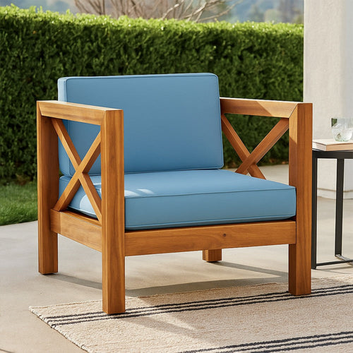 Juna Outdoor Accent Club Chair | Teak Brown Acacia Wood | Blue Fabric