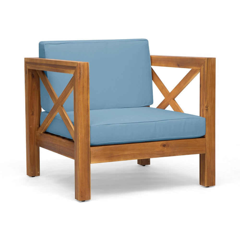 Juna Outdoor Accent Club Chair | Teak Brown Acacia Wood | Blue Fabric