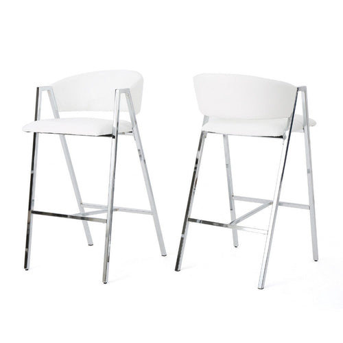 Zoy Barstool Chair Set of 2 | Ivory Faux Leather | Chrome Metal Frame