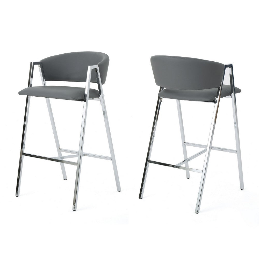 Zoy Barstool Chair Set of 2 | Gray Faux Leather Padded | Chrome Iron