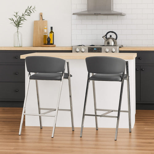 Zoy Barstool Chair Set of 2 | Gray Faux Leather Padded | Chrome Iron