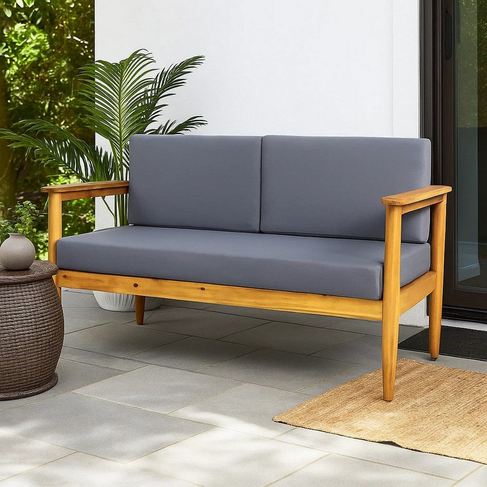 Gavie Outdoor Loveseat | Teak Brown Acacia Wood | Gray Fabric 53"