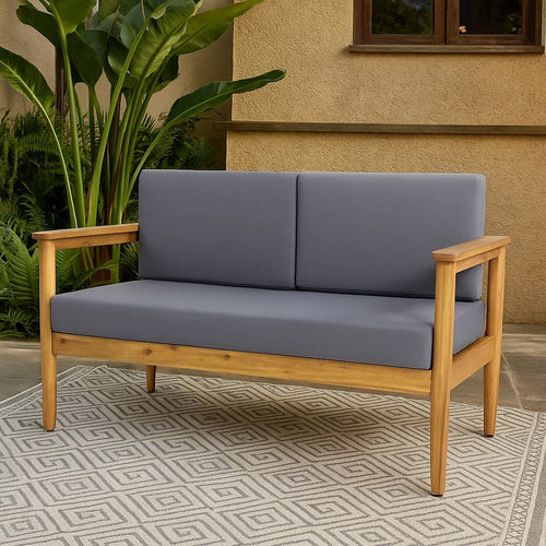 Gavie Outdoor Loveseat | Teak Brown Acacia Wood | Gray Fabric 53"