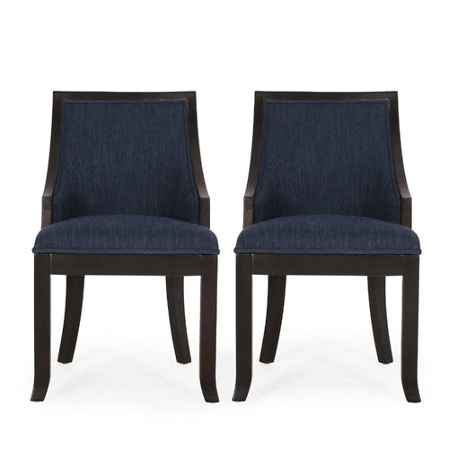 Dining Chair Set of 2 | Navy Blue Fabric Cushioned | Brown Solid Wood