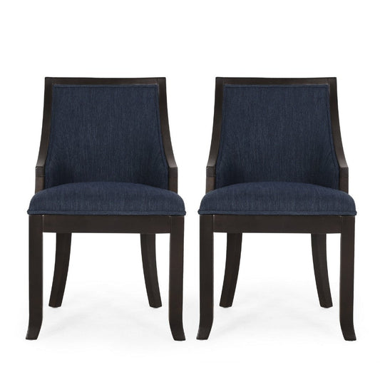 Dining Chair Set of 2 | Navy Blue Fabric Cushioned | Brown Solid Wood