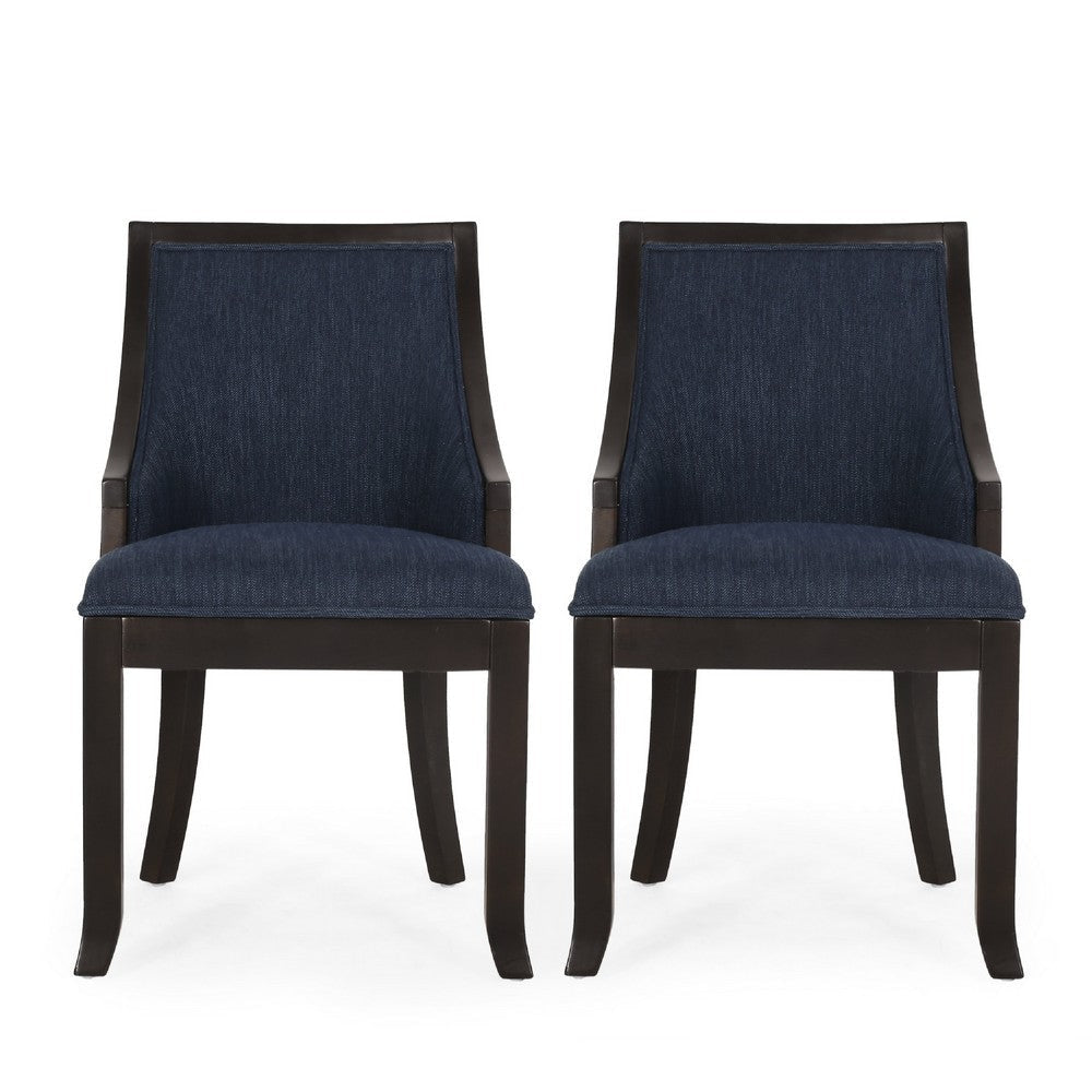 Dining Chair Set of 2 | Navy Blue Fabric Cushioned | Brown Solid Wood