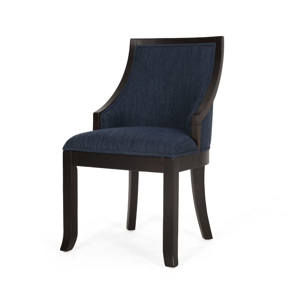 Dining Chair Set of 2 | Navy Blue Fabric Cushioned | Brown Solid Wood