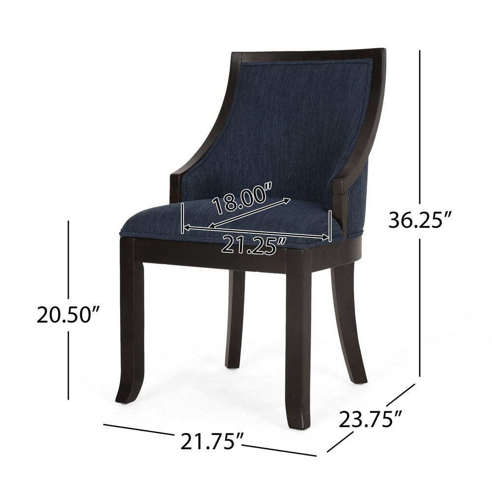 Dining Chair Set of 2 | Navy Blue Fabric Cushioned | Brown Solid Wood