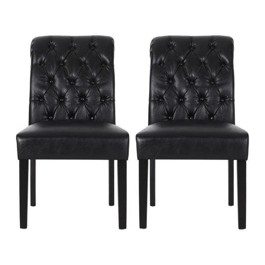 Mein Dining Chair Set of 2 | Rolltop Tufted Black Faux Leather | Wood
