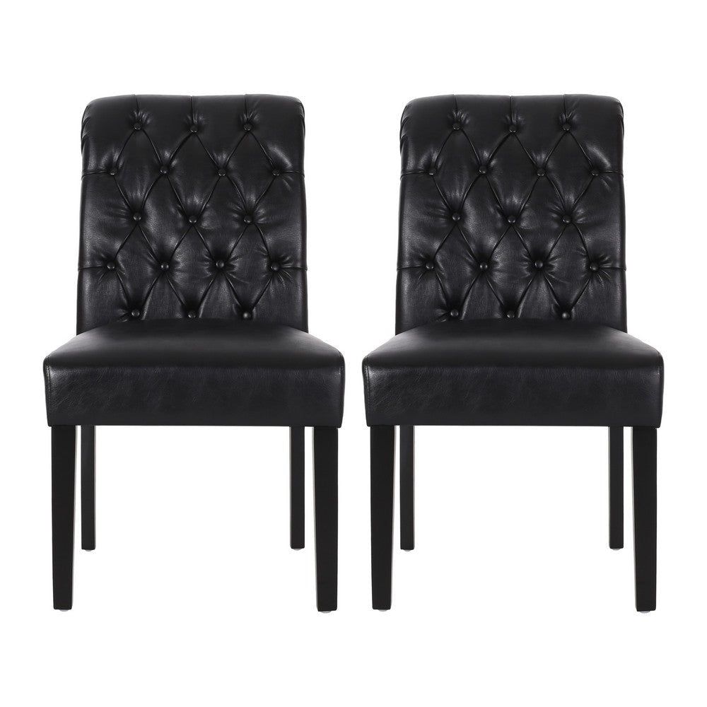 Mein Dining Chair Set of 2 | Rolltop Tufted Black Faux Leather | Wood