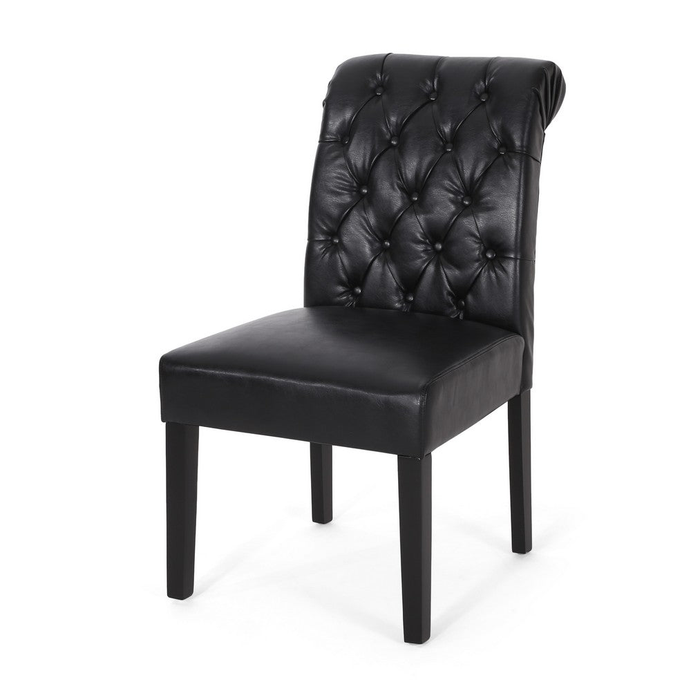 Mein Dining Chair Set of 2 | Rolltop Tufted Black Faux Leather | Wood